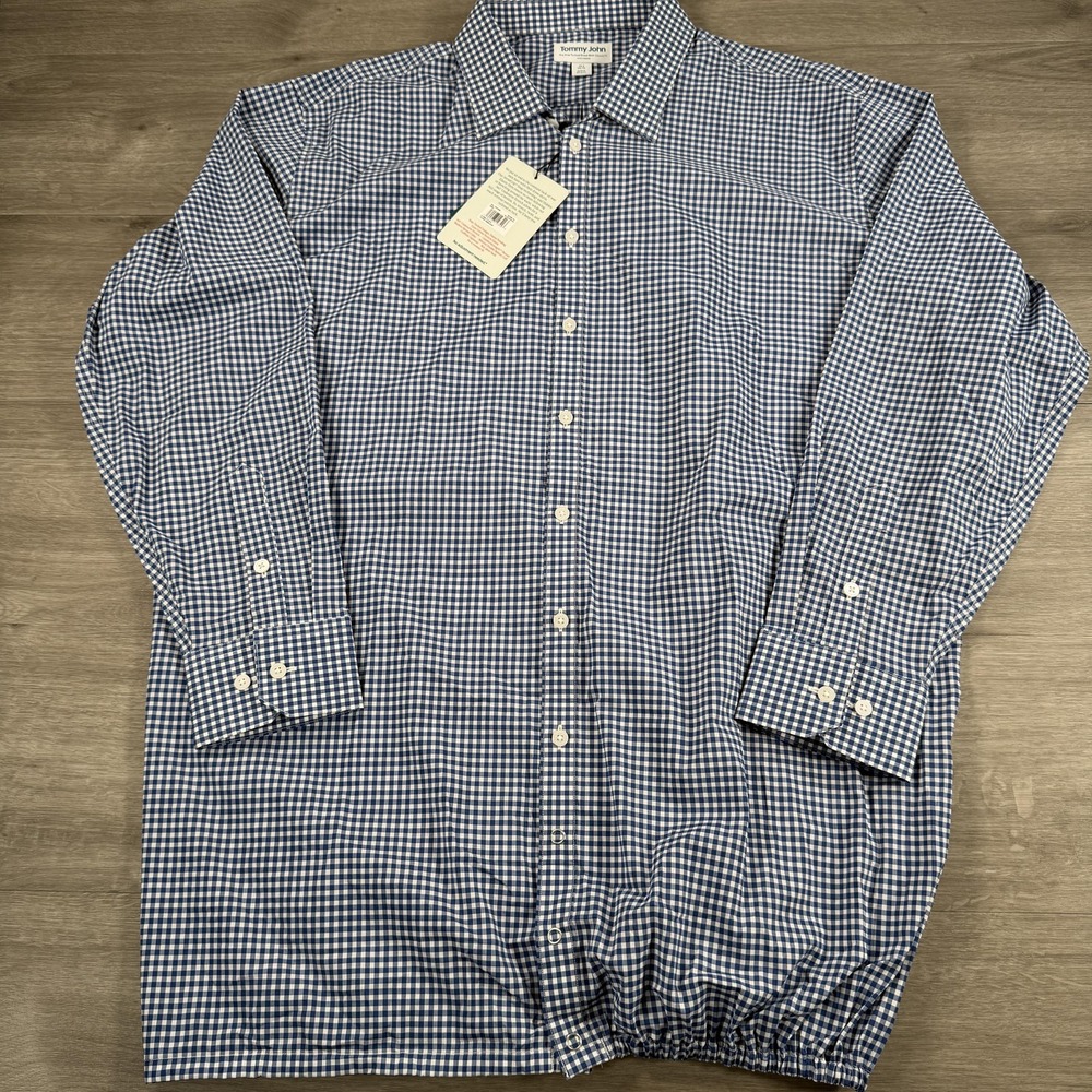 Tommy John Dress Shirt Mens 18.5 34/35 Blue Gingham Stay-Tucked Classic Spread